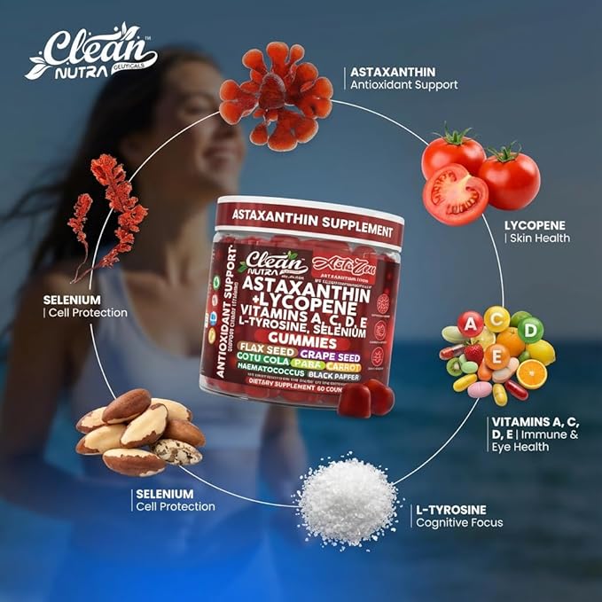 Clean Nutra AstaZen Astaxanthin Complex Gummies 12mg w/Lycopene Pure Vitamin A C D E L-Tyrosine Selenium – Premium Berry Banana Eye Skin Immune Support Supplement 60 Count