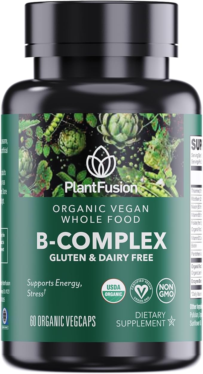 PlantFusion Organic Vitamin B-Complex Vegan Whole Food Supplement for Energy &amp Metabolism Methylated B12 Guava Lemon &amp Basil Non-GMO Gluten-Free - 60 Capsules