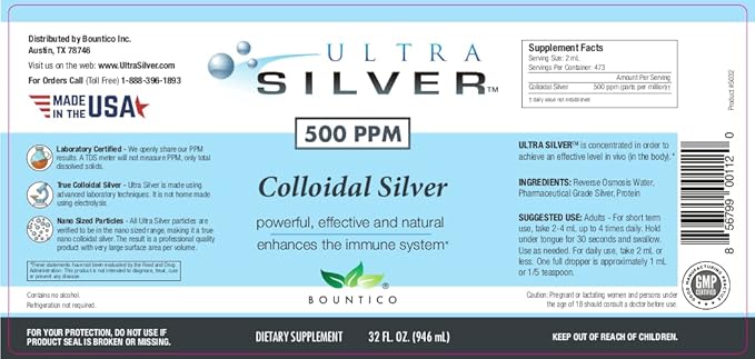 Ultra Silver® Colloidal Silver | 500 PPM 32 Oz (946mL) | Mineral Supplement | True Colloidal Silver - 4 oz Dropper Bottle (Empty) Included for Dispensing!