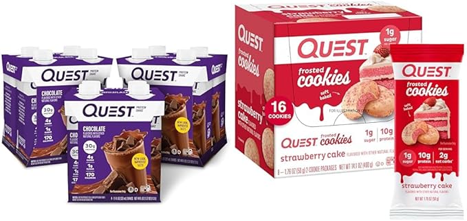 Quest Nutrition Protein Shake Chocolate Twin Pack and Strawberry Cake Frosted Cookies Bundle 30g Protein 1g Sugar Gluten Free