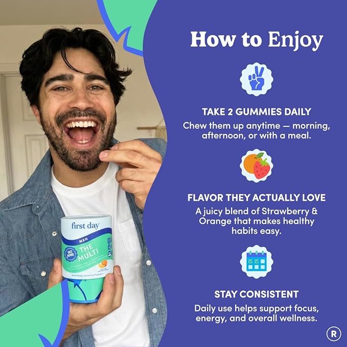 FIRST DAY Multivitamin for Men + Organic Fruit &amp Veggie Blend Mens Multivitamins Gummies with 13 Key Nutrients for Energy Focus Immunity - Vitamins A B1 B2 B6 B9 B12 C D3 K - 30 Day Sup