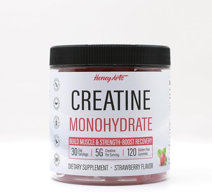 HoneyArts Creatine Monohydrate Gummies - 5000mg Creatine Natural Strawberry Flavor 120 Count - Vegan Sugar-Free Boosts Performance &amp Recovery