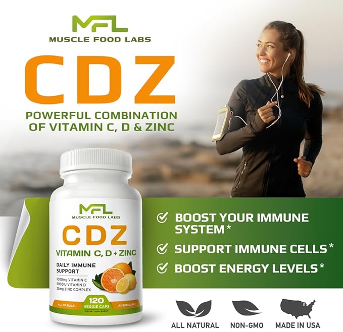2 Pack C D Z | Vitamin C 1000mg | Vitamin D3 125mcg | Zinc 25mg | Non-GMO &amp Gluten Free | 240 Servings