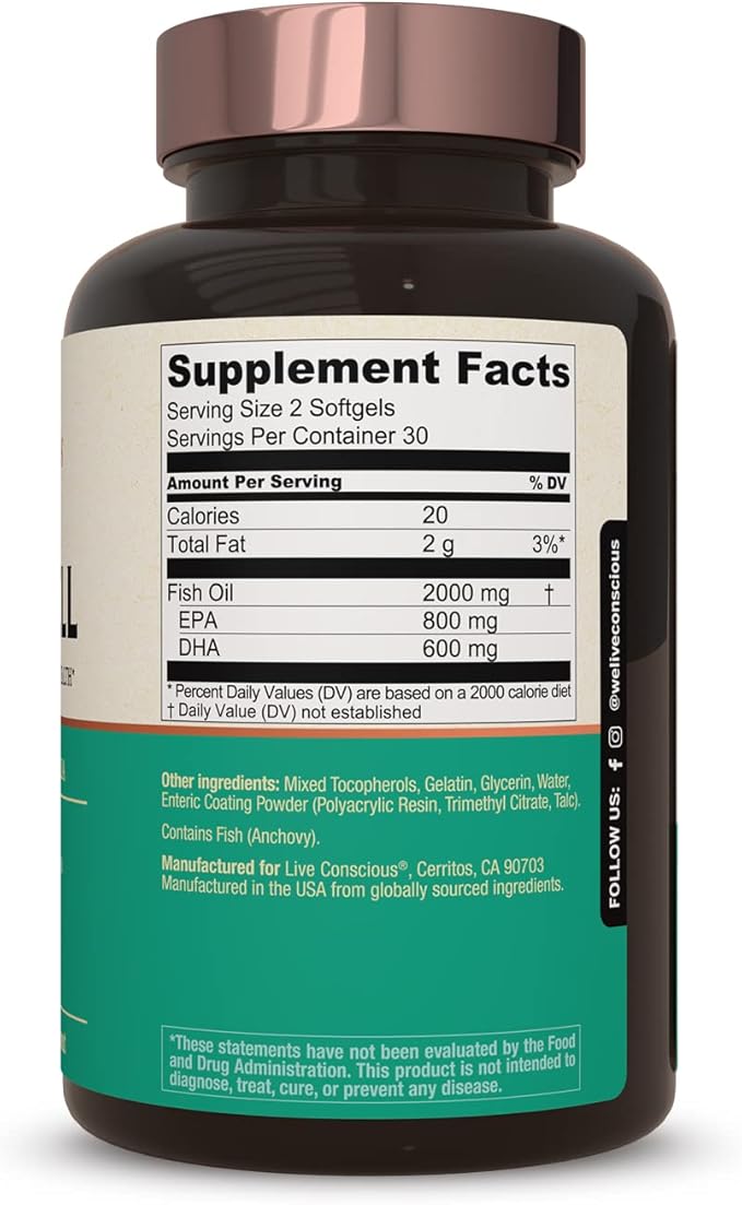 Live Conscious OmegaWell Omega 3 Fish Oil - 2000mg Capsules: Heart Brain &amp Joint Support - 800 mg EPA 600 mg DHA - Sustainably Sourced - Softgels - 30 Day Supply