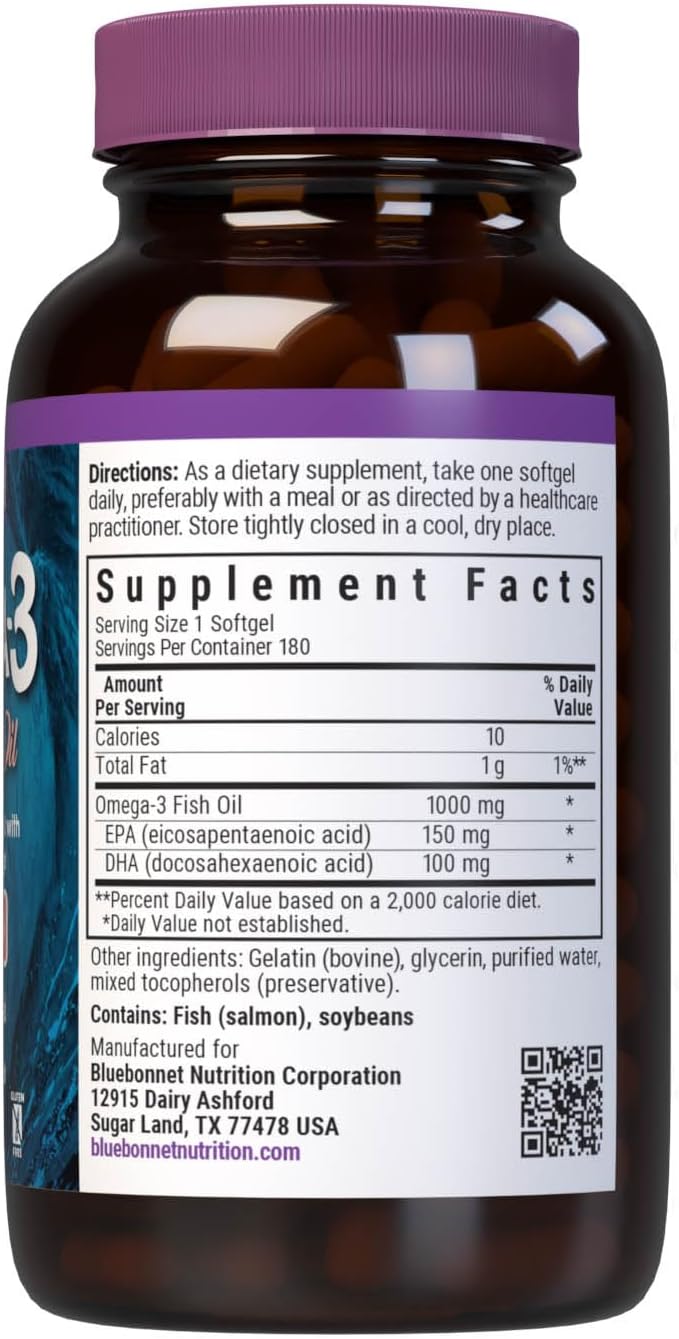 BlueBonnet Omega 3 1000mg Salmon Oil EPA DHA Essential Fatty Acids - Heart Health Supplement for Women &amp Men - Molecularly Distilled Triglyceride Form Omega-3 Wild Salmon Fish Oil - 180 Softgels