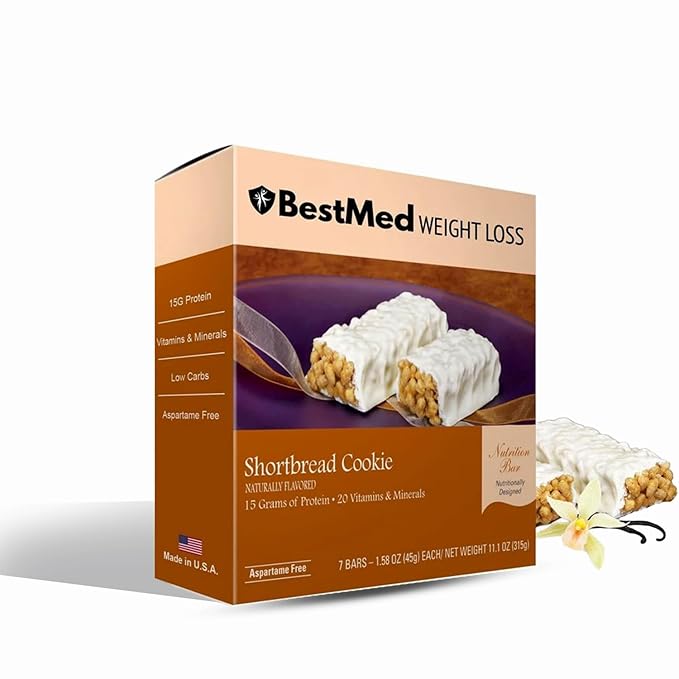 BestMed - High Protein Nutrition Bar - Low-Carb 15g Protein Low Sugar High Fiber Low Calorie Meal Replacement Bar (Shortbread Cookie 4 Box - 28 Count)
