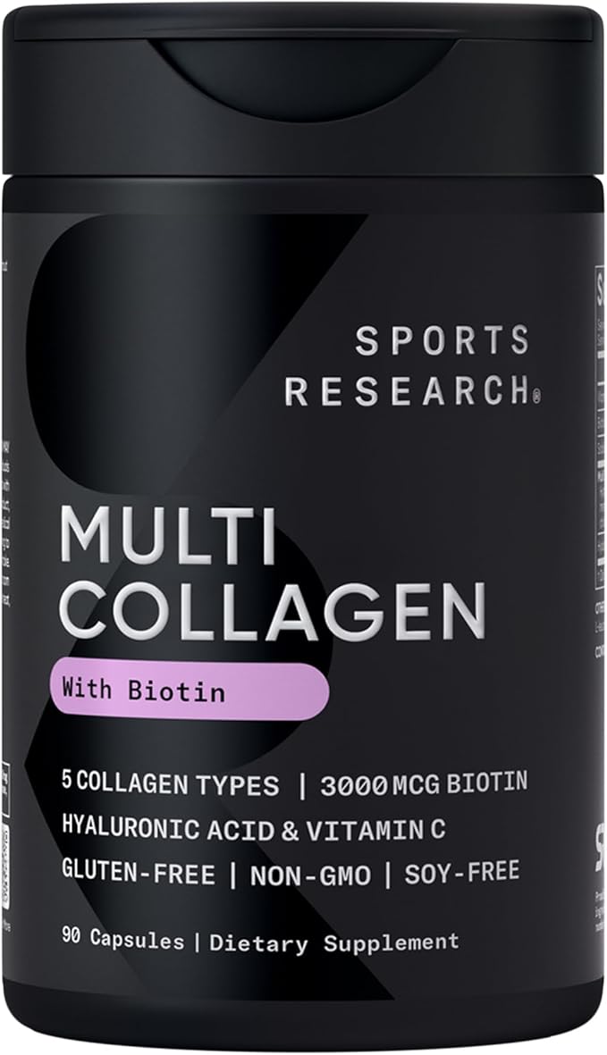 Sports Research® Biotin-Infused Collagen Peptides Complex with Hyaluronic Acid – 5 Multi Collagen Types for Hair Skin &amp Joint Support* - Gluten Free · Non-GMO · 90 Capsules