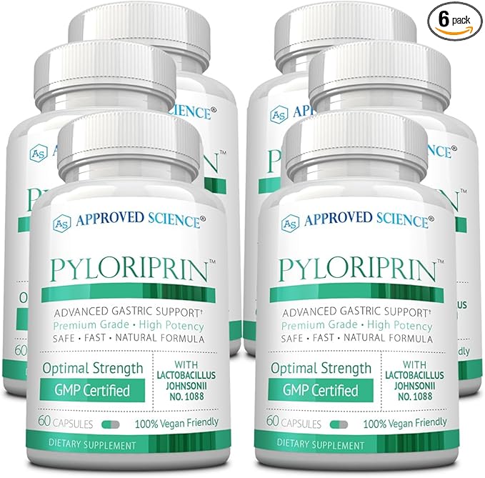 Approved Science Pyloriprin - Advanced Digestive Support for A Healthy Stomach - Zinc L-Carnosine Probiotic Broccoli Sprout Deglycyrrhized Licorice - 360 Capsules - six Month Supply - Vegan
