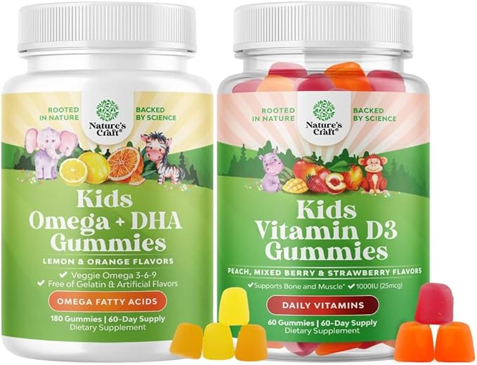 Bundle of Omega DHA Gummies for Kids - Fatty Acids Omega 3 6 9 - Vitamin C for Brain Immunity &amp Vision and Vitamin D Gummies for Kids - 1000 IU Per Serving - Immune Support Muscle Teeth &amp Bon