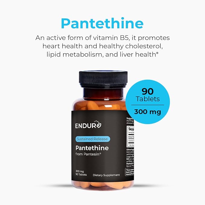 Endur Pantethine from Pantesin Liver Function &amp Healthy Cholesterol Balance Supplement Sustained Release Formula Gluten Free 300mg (90 Tablets)