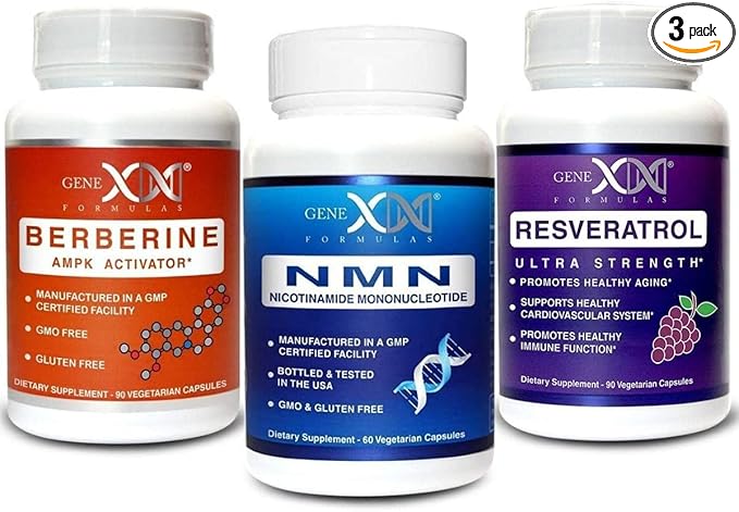 GENEX NMN Resveratrol and Berberine Power Pack Supplements | 250mg Nicotinamide Mononucleotide (NMN) Ultra Strength 500mg Resveratrol &amp AMPK Activator Berberine 500mg for Healthy Aging (3 Bott