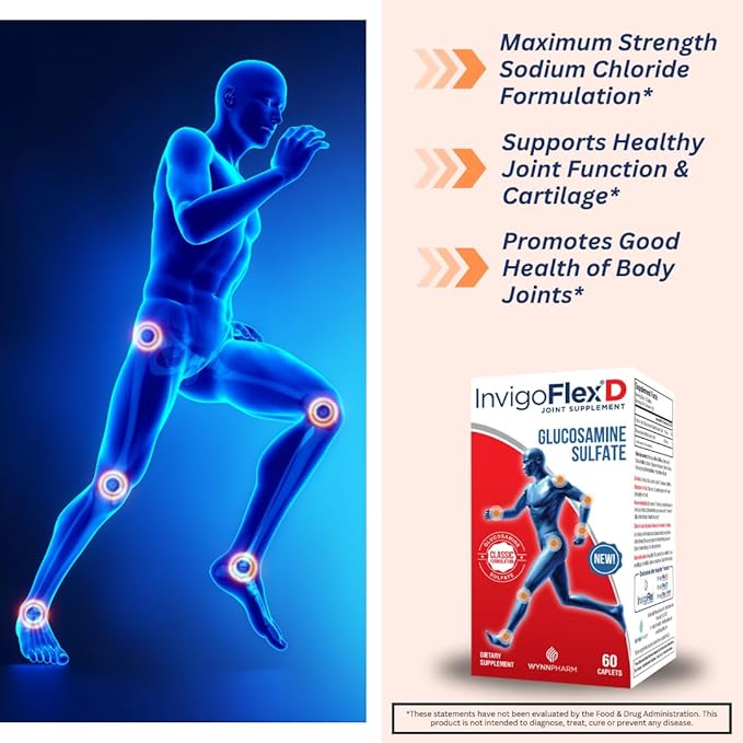 INVIGOFLEX® D - 1500mg of Glucosamine Sulfate (Classic Formulation) - Premium Joint Supplement for Knees Hands Back &amp Hip Support D: Glucosamine Sulfate Caplets - 60 Ct (Pack of 2)