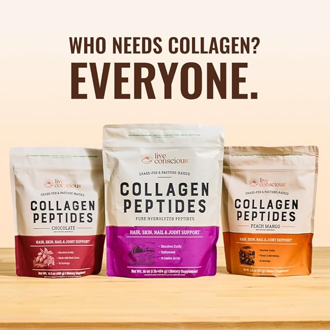 Live Conscious Collagen Peptides Flavor Bundle - Unflavored Chocolate Peach Mango Flavored Collagen Powder - Hair Skin Nail &amp Joint Support - Type I &amp III Collagen Supplements for Women &