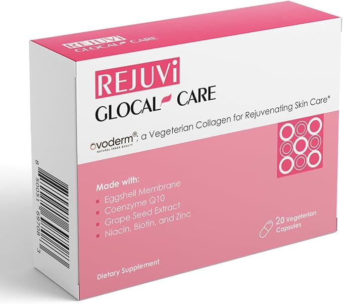 GlocalCare Rejuvi Collagen Booster – 300mg Ovoderm Vegetarian Collagen for Skin Elasticity Firmness &amp Joint Support – Biotin Grape Seed Extract CoQ10 (20 Capsules)