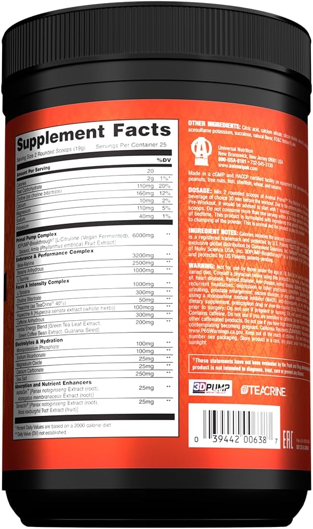 Animal Primal Muscle Hydration + Preworkout Powder – Contains Beta Alanine 3DPump Caffeine &amp Electrolytes – Improves Energy Focus Endurance &amp Absorption – New Wick’d Peach Flavor 16.75 oz