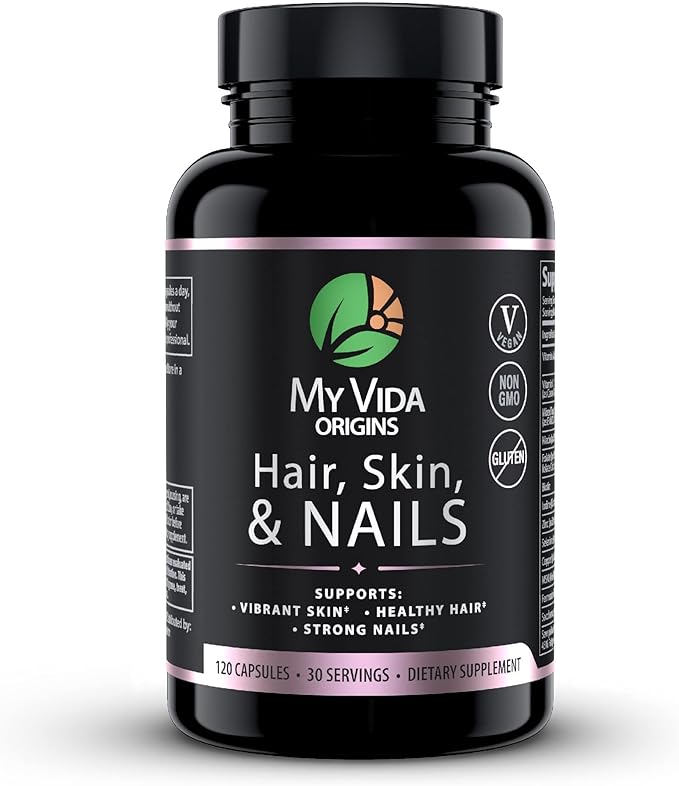 My Vida Origins Hair Skin and Nails | Thicker Hair Stronger Nails Vibrant Skin | Supports Natural Beauty | Zinc Biotin Vitamin E | Vegan 120 Capsules 1 Month Supply