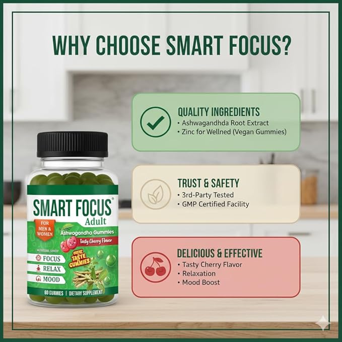 Ashwagandha Gummies for Focus Support - Organic Ashwagandha Supplement for Men &amp Women Brain &amp Memory Support Adaptogenic Calm Gummies with Ashwagandha Root - 60 Gummies