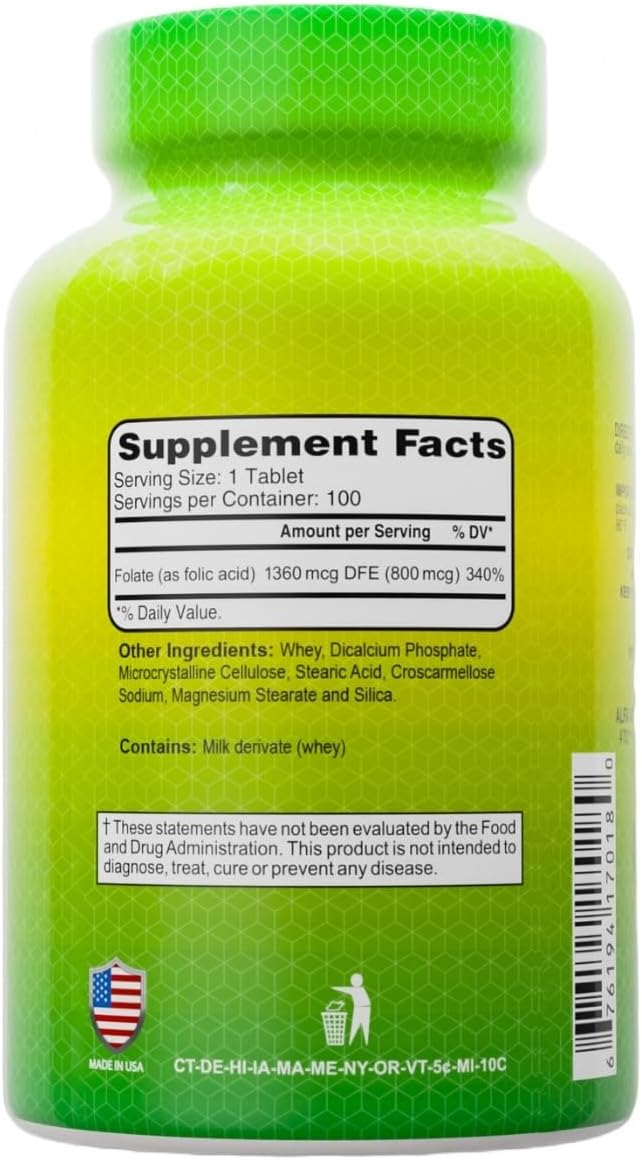 ALFA VITAMINS Folic Acid 800 mcg Prenatal Supplement Supports Cardiovascular Health Body &amp Brain Functions Red Blood Cell Formation &amp Healthy Fetal Development Dietary Supplement 100 Tabl