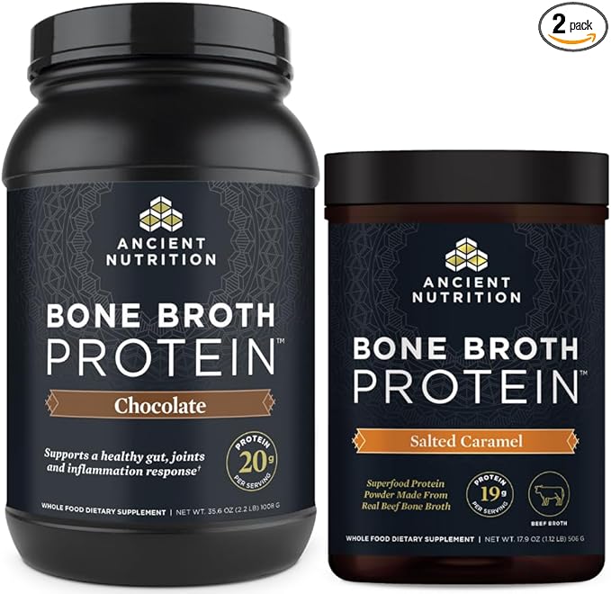 Ancient Nutrition Bone Broth Protein Powder Chocolate 40 Servings + Beef Bone Broth Protein Powder Salted Caramel 20 Servings