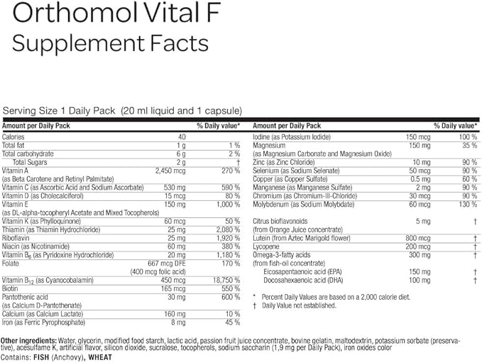 Orthomol Vital F Vial Women's Multivitamin 7-Day Supply Vitamins A B C D E K Calcium Iodine Omega-3