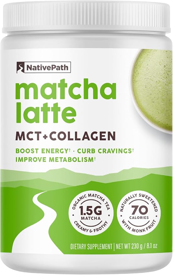 NativePath Matcha Latte Collagen Peptides with MCT Oil - 10g Grass-Fed Collagen &amp Organic Matcha for Energy &amp Focus - Keto No Gluten or Dairy (8.1 oz)