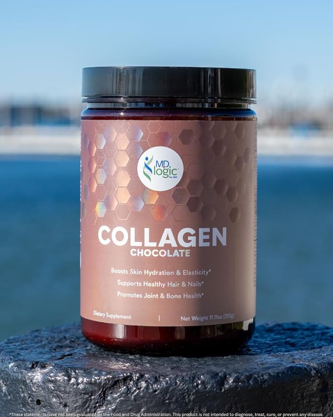 MD Logic Health® Chocolate Collagen with Vitamin A C Zinc Biotin &amp Hyaluronic Acid for Healthy Skin Hair Nails Joints 10g of Collagen + 10g of Protein Zero Sugar