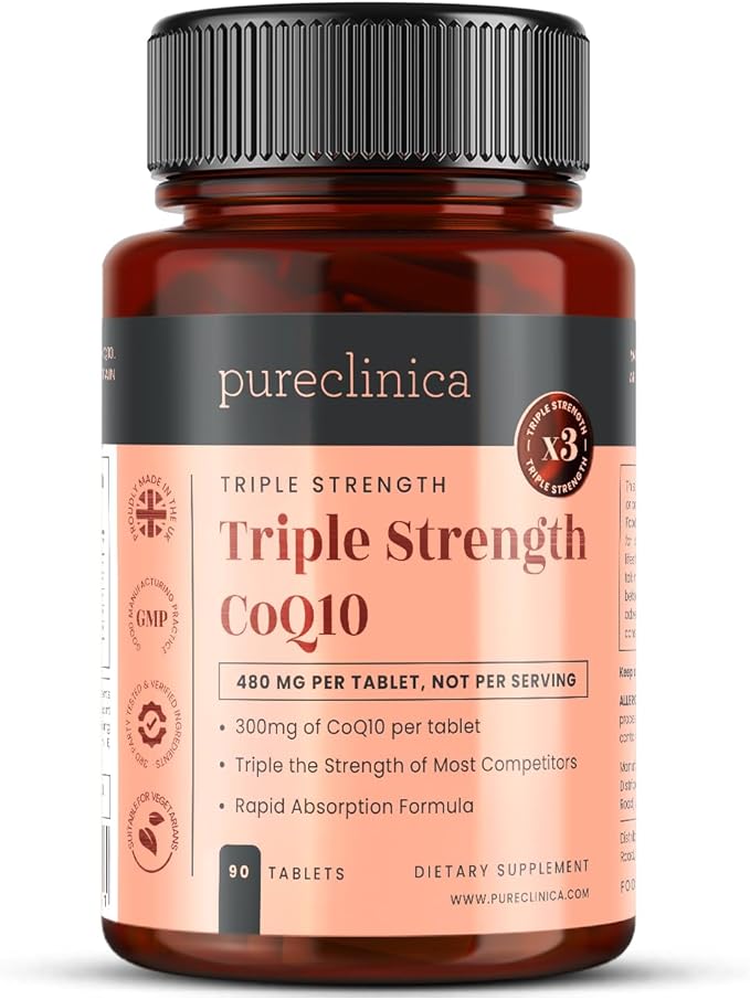 pureclinica Fermented CoQ10 300mg x 90 Tablets. Non GMO USP Grade. with Added Vitamin C and Black Pepper Extract for Absorption.