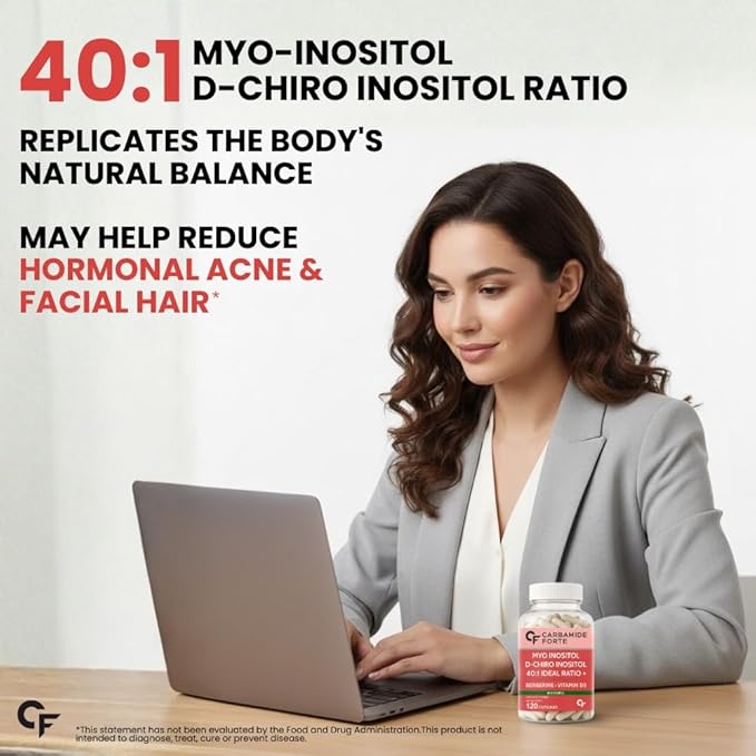 Carbamide Forte Myo Inositol &amp D Chiro Inositol Supplement | Inositol Supplements with Berberine l-Methyl Folate Vitamin D3 &amp Selenium | Ideal 40:1 Ratio - 120 Capsules