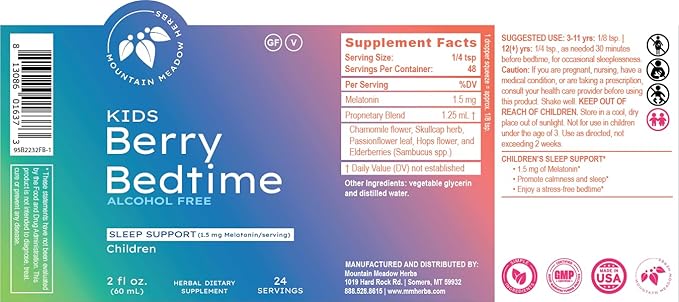 Mountain Meadow Herbs Berry Bedtime – Kids Sleep Support Drops with Melatonin Chamomile Lemon Balm &amp Passionflower - Natural Sleep Aid for Children – 2 oz