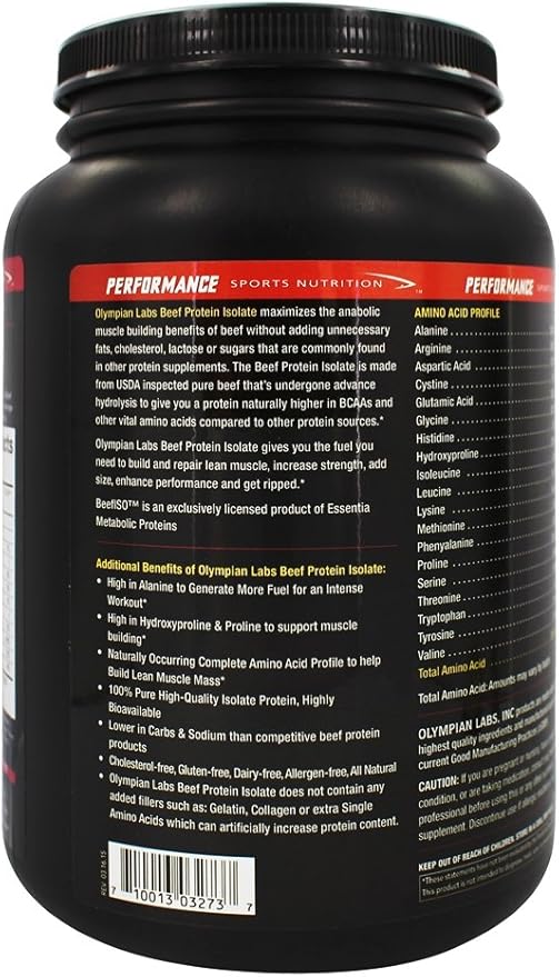 Olympian Labs Beef Protein Isolate Powder 24g Protein BST Free 2 Grams BCAA's Muscle Building Amino Acids 1 Pound Flavored with Real Chocolate