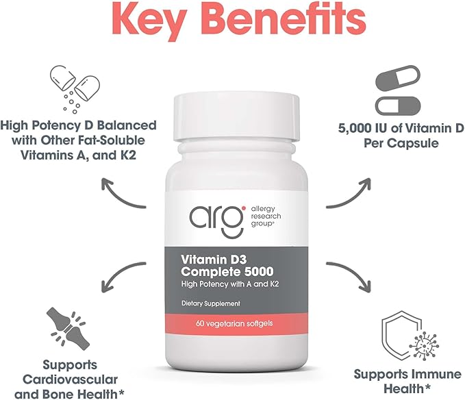 Allergy Research Group Vitamin D3 Complete 5000 - Delivers 125 mcg Vitamin D3 - with Vitamin A &amp K2 - Supports Bone Strength Immune Balance &amp Healthy Mindset - 60 Servings - 60 Capsules