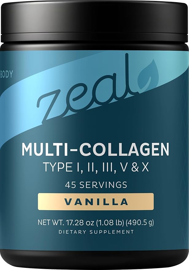 Zeal Naturals Multi Collagen Protein Peptides Powder Types I II III V X - Vitamin C Biotin &amp Hyaluronic Acid - Hair Skin &amp Nails - Marine Bovine Chicken &amp Eggshell - Vanilla 45 Servin