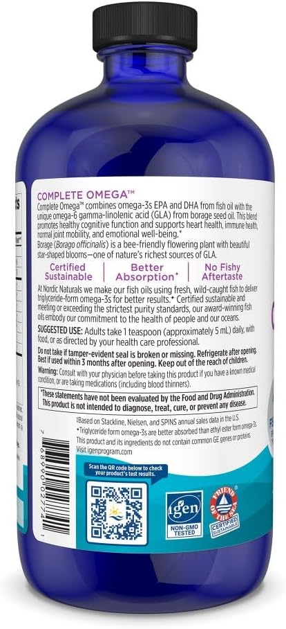 Nordic Naturals Complete Omega Lemon Flavor - 16 oz - 1270 mg Omega-3 - EPA &amp DHA with Added GLA - Healthy Skin Cognition Positive Mood - Non-GMO - 96 Servings