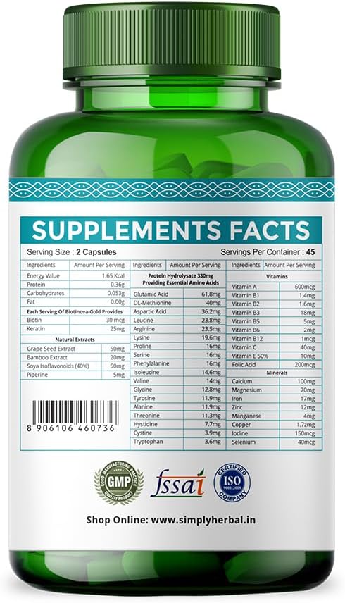 Simply Herbal Natural Biotin (Vitamin B7) Capsules for Healthy Hair Radiant Skin &amp Strong Nails - Enhanced with Keratin Multivitamins &amp Amino Acids - 90 Vegetarian Capsules for Men &amp Wom