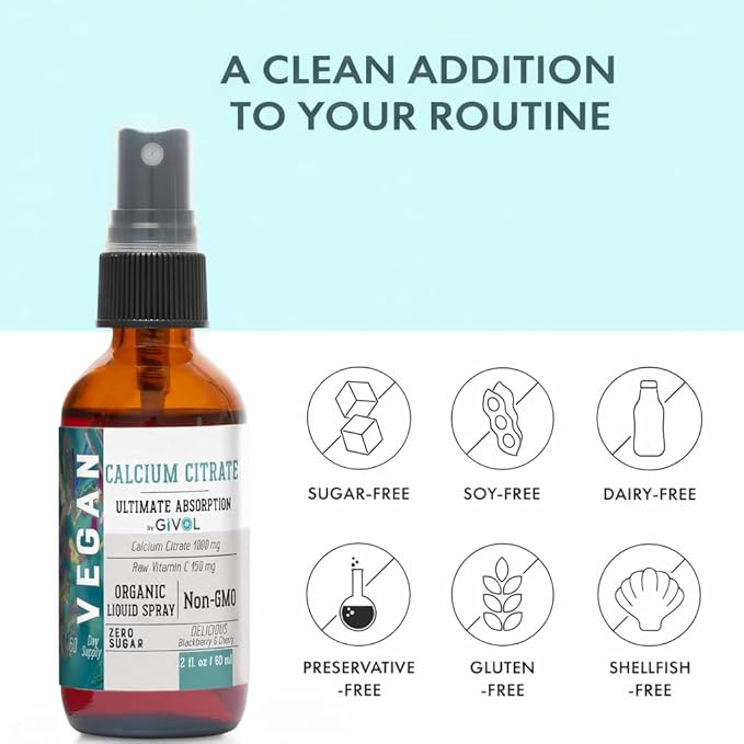 Liquid Calcium Citrate 1000mg &amp Raw Vitamin C 150mg Liquid Spray Mist for Optimal Absorption Wild Cherry &amp BlackBerry Flavor Calcium Supplement Non-GMO Gluten Free Sugar-Free 2oz (60ml)