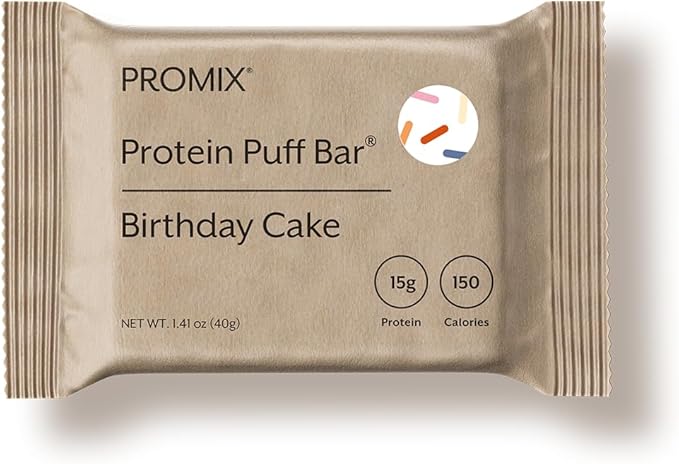 ProMix Nutrition Protein Puff Bars - Birthday Cake - Marshmallow Crispy Treat - Great Tasting &amp Healthy On The Go Snack - High Protein &amp Low Calorie - Free From Gluten Soy &amp Corn - 12 Ba