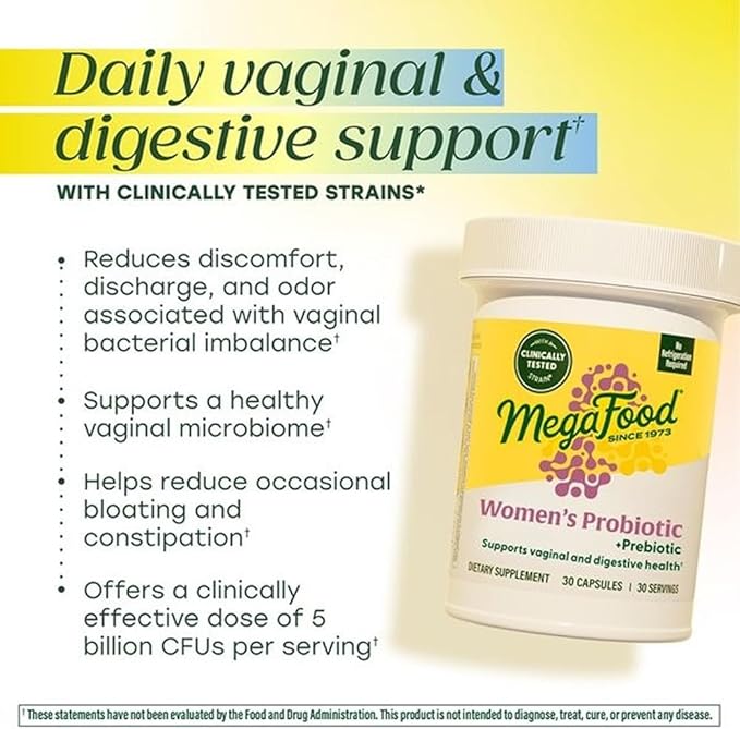 MegaFood Womens Probiotic + Prebiotic - Gluten-Free Prebiotics and Probiotics for Women Supports Digestive Health &amp Regularity Vaginal Probiotics for Healthy pH Levels Vegetarian - 30 Capsules