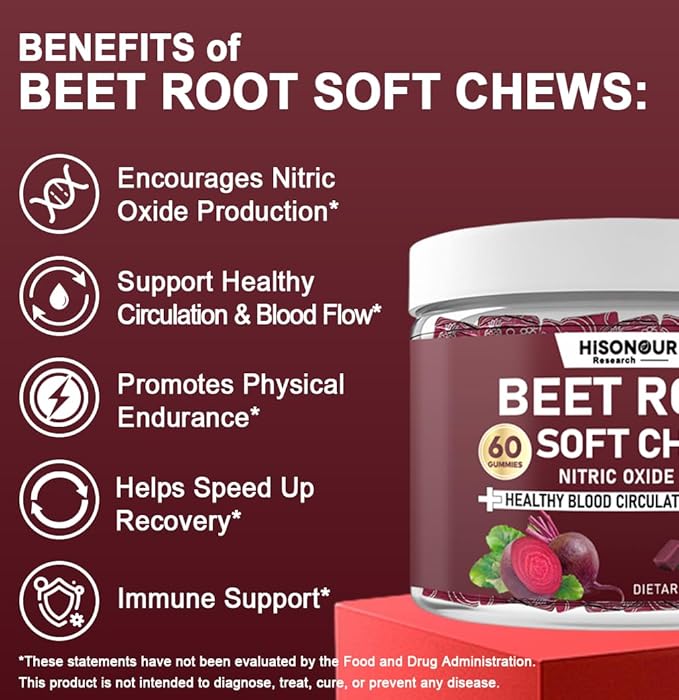 Beetroot Chews Beet Root Soft Chews with Grape Seed Pomegranate Black Pepper Vitamin C B12 Nitric Oxide Supplement for Men &amp Women Cherry Flavor Sugar Free 60 Chews