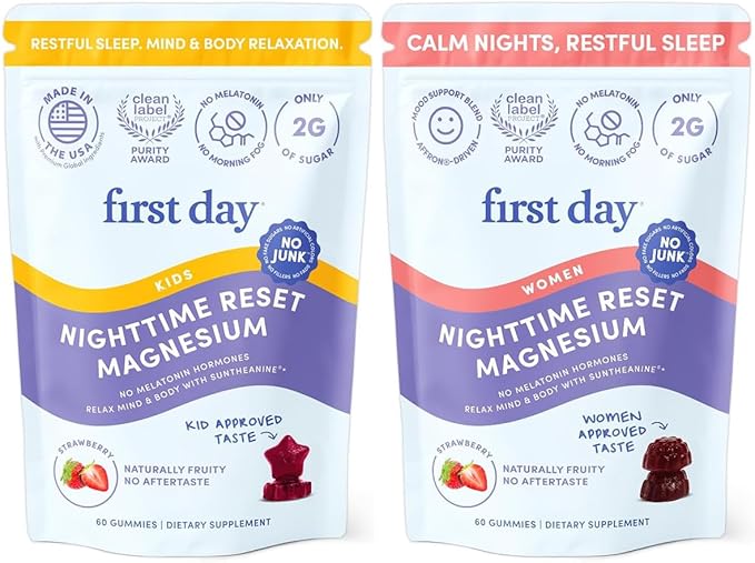 FIRST DAY Kids &amp Womens' Calming Magnesium Gummies (Strawberry) | Rest &amp Energy Bedtime Supplement | Balanced Mood | No Melatonin | Clean Label Project Verified® | Vegan Non-GMO | 30-Day Supp