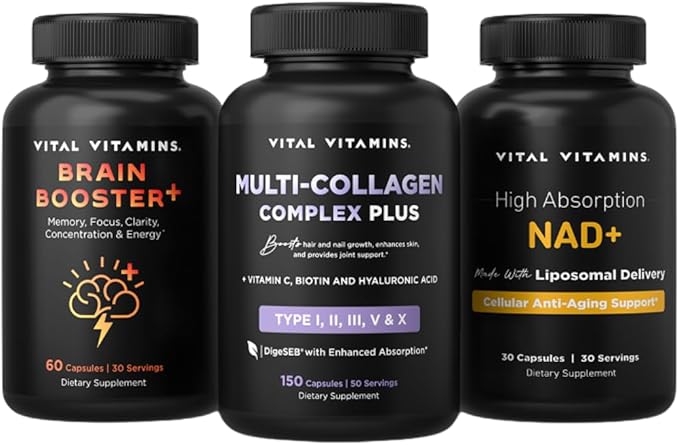 Vital Vitamins Age Defying Bundle: Multi-Collagen Plus Brain Booster Plus NAD+