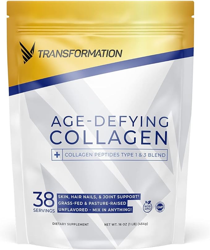 Transformation Grass-Fed Hydrolyzed Collagen Peptides Powder | Multi Types 1 &amp 3 | Pure Bovine | Keto Friendly | Supports Hair Skin Nails | 16oz Unflavored Supplement