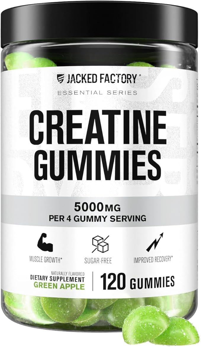 Jacked Factory Sugar Free Creatine Gummies - 5g Daily Dose (1.25g per Gummy) - Creatine Gummy Sugar Free for Men and Women Vegan-Friendly Third-Party Tested - 120 Gummies Green Apple