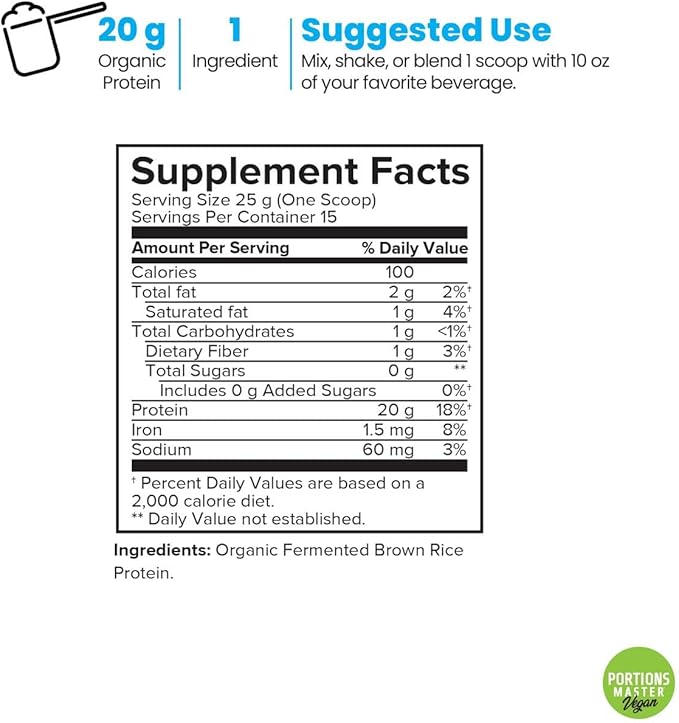 Portions Master Plant Protein Organic Plant Based Protein Powder with Fermented Brown Rice Complete Amino Acid Profile Vegan Non GMO Gluten Free (375g Unflavored)