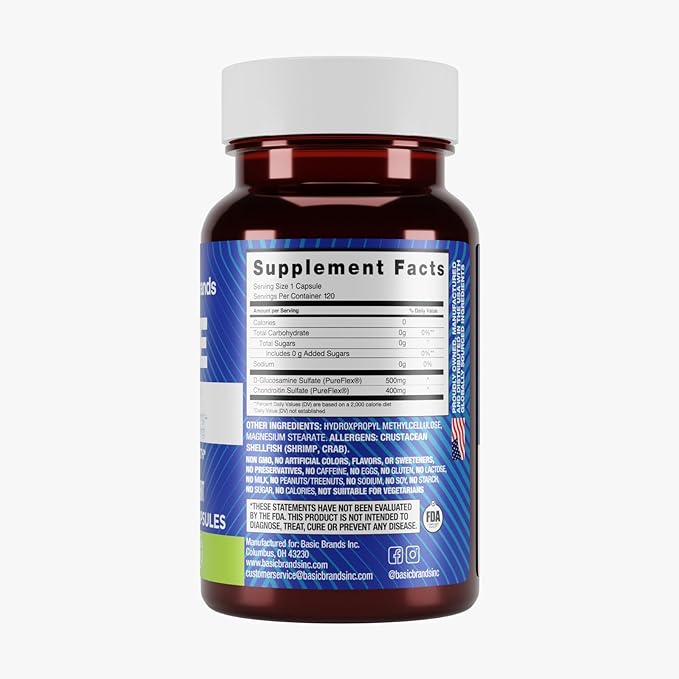 Basic Brands -Move Pureflex Glucosamine Chondroitin 120 Capsules – Joint Support Supplement for Cartilage Mobility &amp Flexibility – Glucosamine Sulfate &amp Chondroitin Sulfate – Made in USA