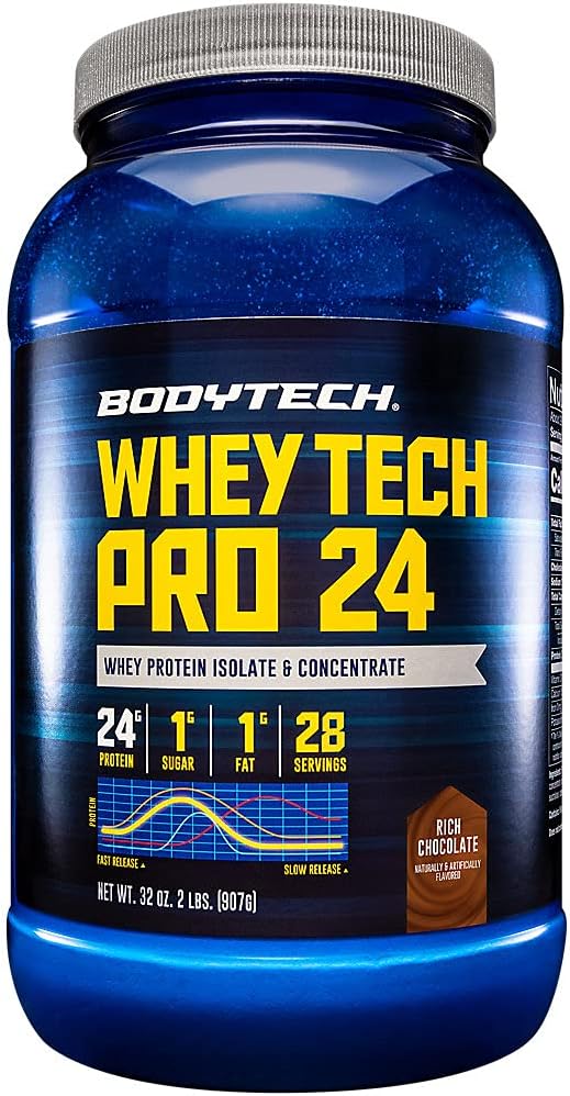 BodyTech Whey Tech Pro 24 Protein Powder - 24g Protein per Serving - Supports Muscle Growth &amp Recovery - Rich Chocolate (2 lb 28 Servings)