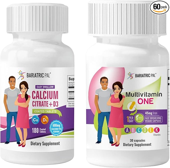 BariatricPal 30-Day Bariatric Vitamin Bundle Multivitamin ONE 1 per Day! Capsule with 45mg Iron Easy Swallow Calcium Citrate (600mg) and D3 Coated Tablets