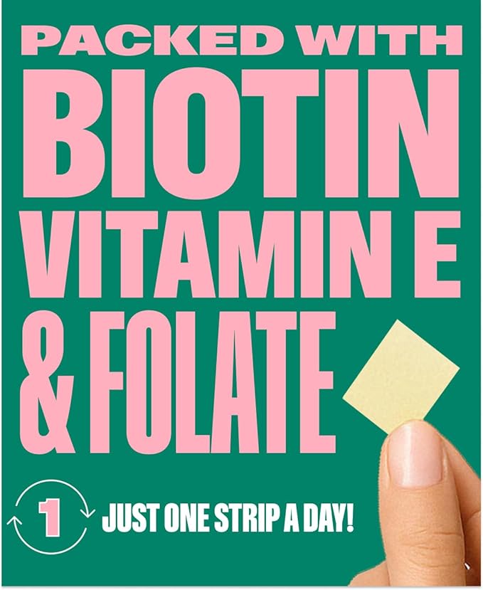 NuStrips™ Fast-Dissolving Beauty Strips with Biotin Folate &amp Vitamin E – Hair Skin &amp Nails Supplement – Supports Hair Growth &amp Reduces Hair Fall – Non-GMO Vegan – Delicious Strawberry (