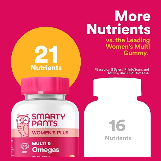 SmartyPants Women's Multivitamin Gummies Omega 3 (DHA/EPA) Methylfolate CoQ10 Vitamin D3 C Vitamin B12 B6 A K &amp Zinc Inositol Gluten Free 120 Count (40 Day Supply)