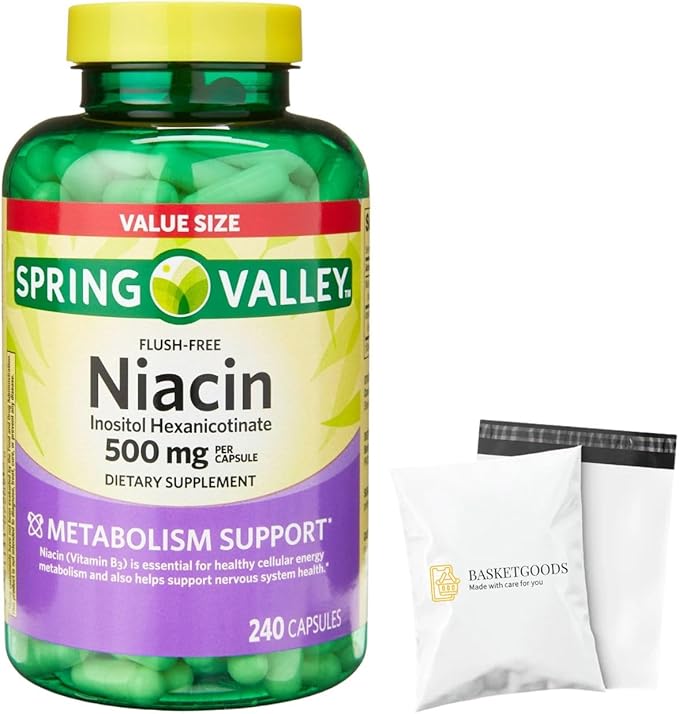 Spring Valley Vitamin B3 Niacin 500mg Flush Free Capsules Dietary Supplement 240 Pills (Pack of 1) - Set by Basket Goods