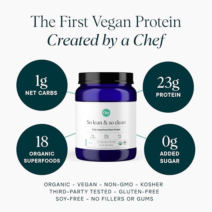 Ora Organic Plant-Based Protein Powder - 23g Protein for Women and Men - Vanilla Flavor 20 Servings Vegan Clean Protein Third-Party Tested Gluten-Free - 20 Servings